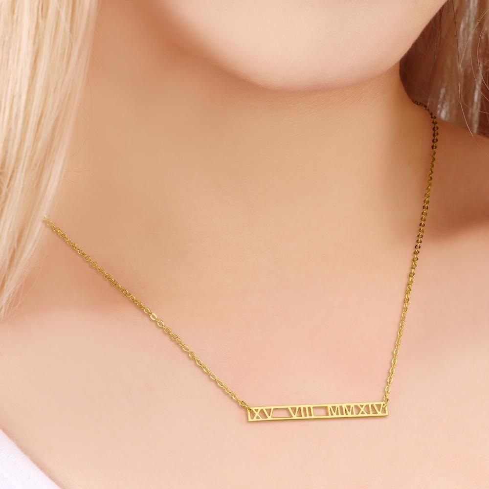 Roman Numeral Necklace Custom Date Bar Necklace Unique Gifts 14k Gold Plated - 