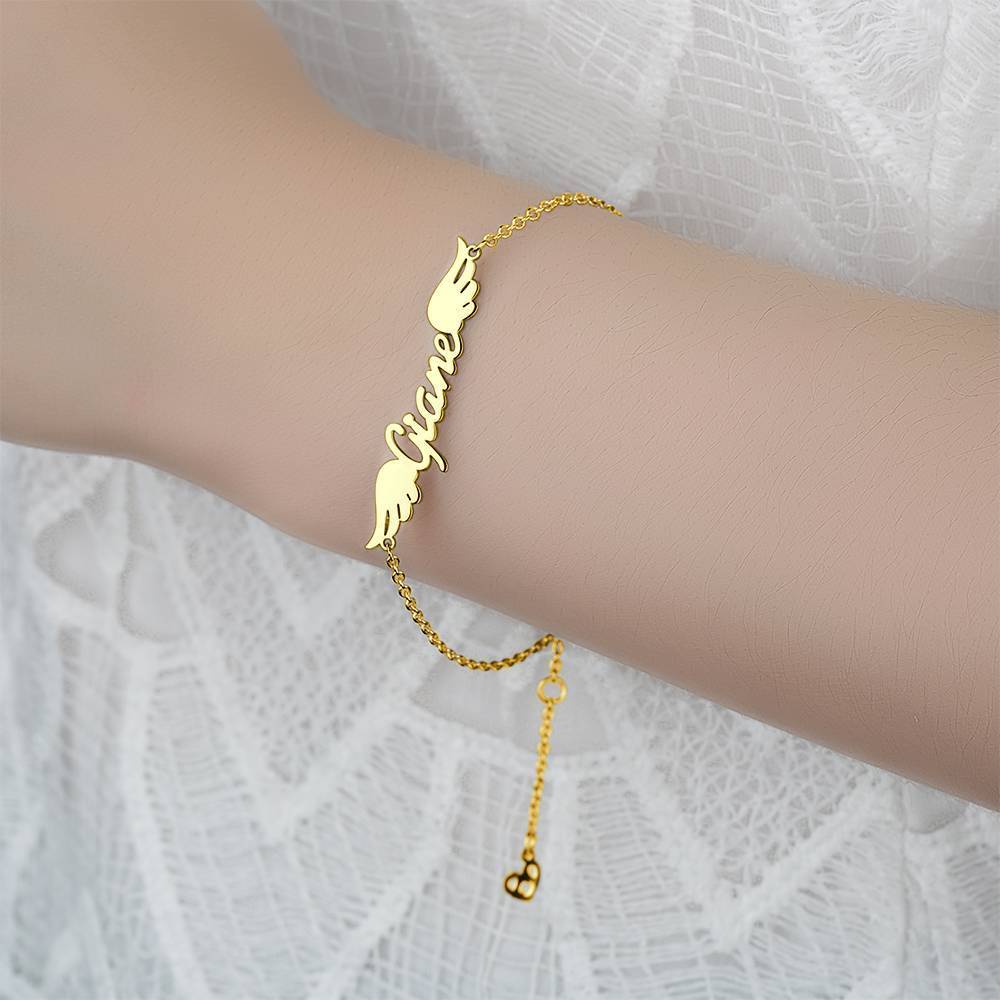 Name Bracelet, Personalized Angel Wings Bracelet 14k Gold Plated - Golden - 