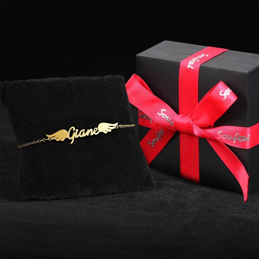 Name Bracelet, Personalized Angel Wings Bracelet 14k Gold Plated - Golden - 