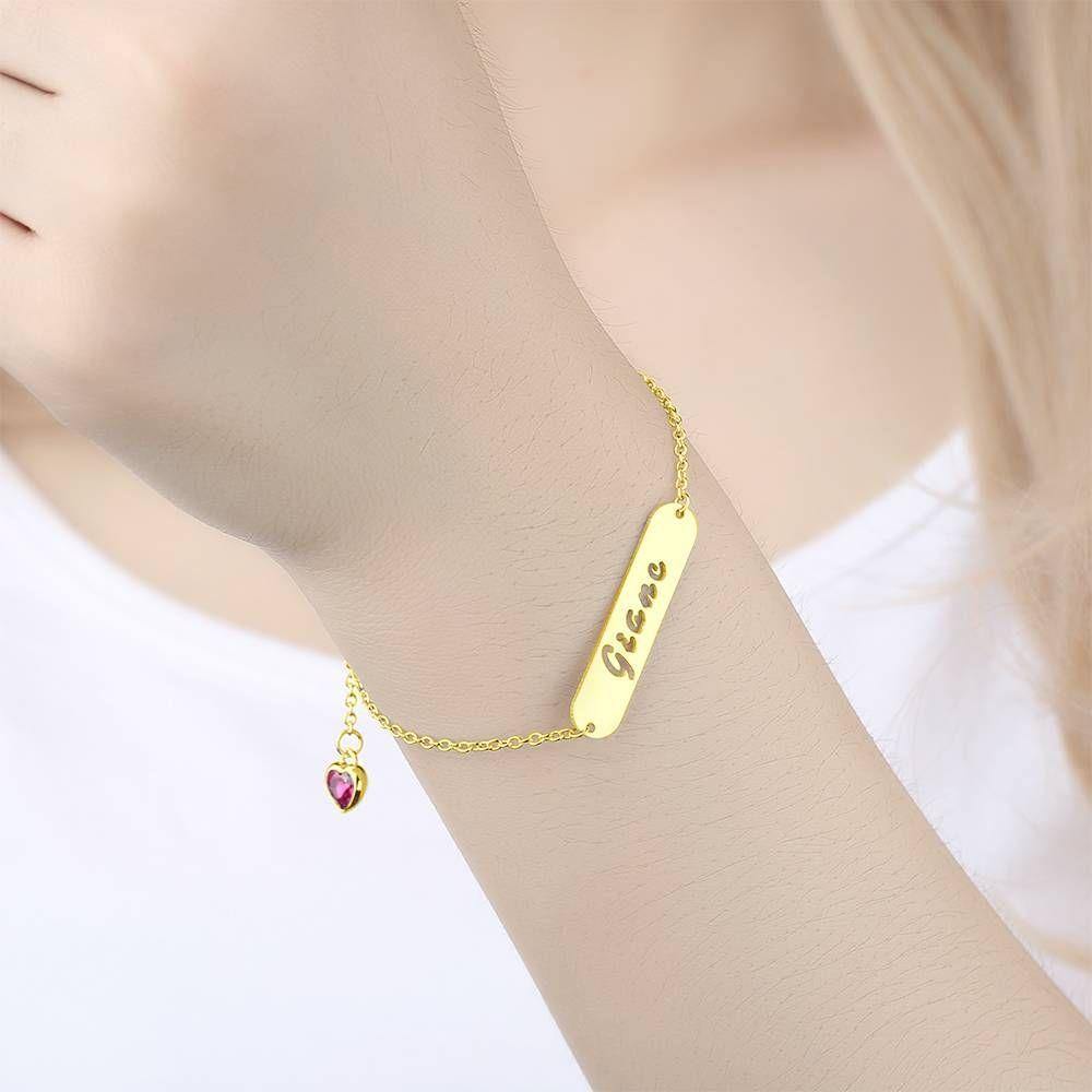 Hollow Carved Bar Name Bracelet with Custom Birthstone, Unique Gift 14K Gold Plated - Golden - soufeelus