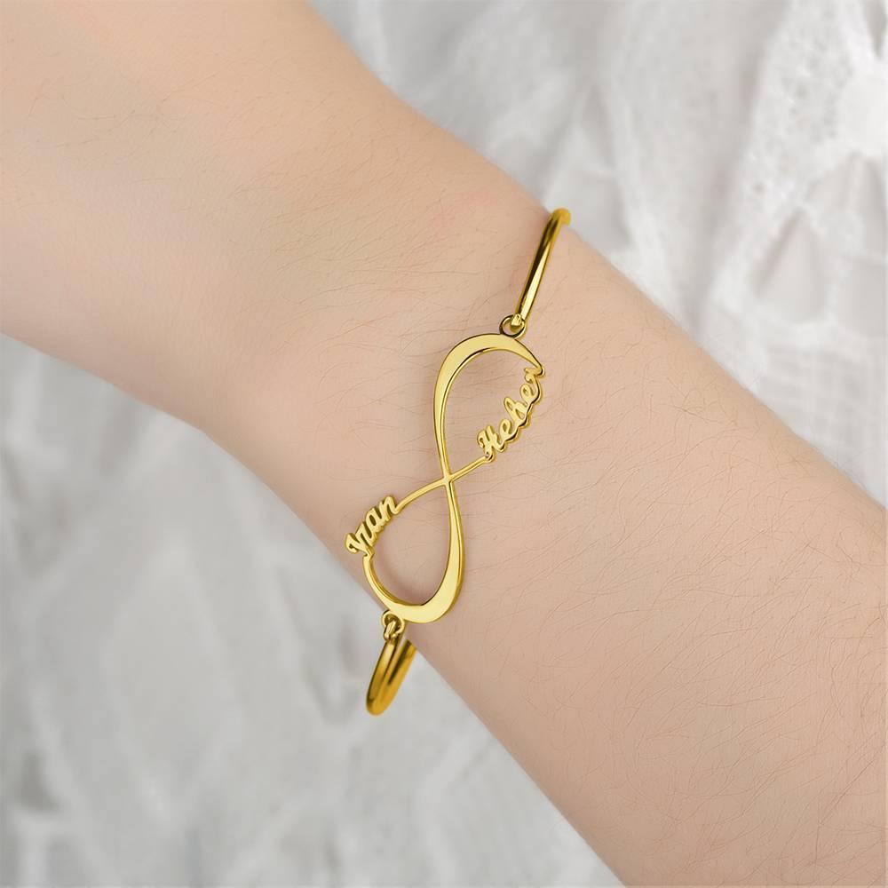 Name Bangle, Name Infinity Bracelet Two Names 14K Gold Plated - soufeelus