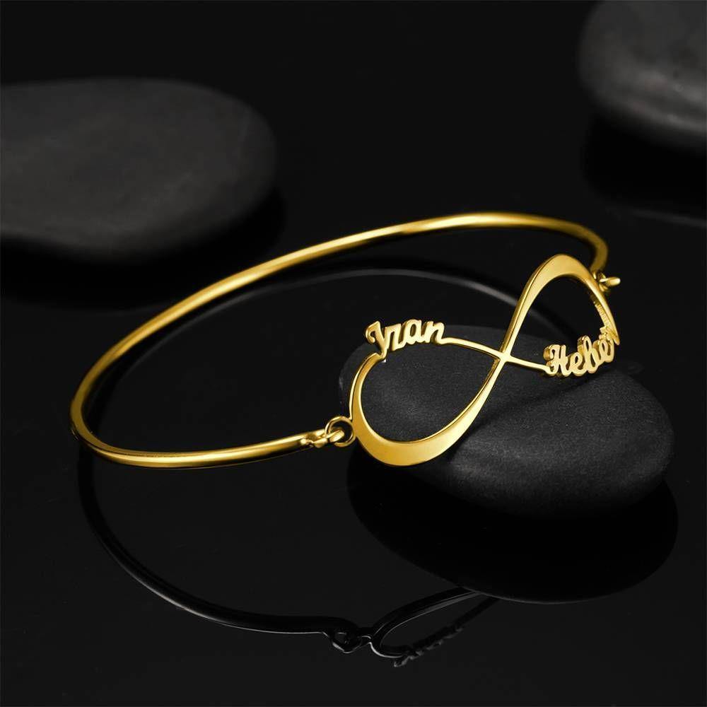 Name Bangle, Name Infinity Bracelet Two Names 14K Gold Plated - soufeelus