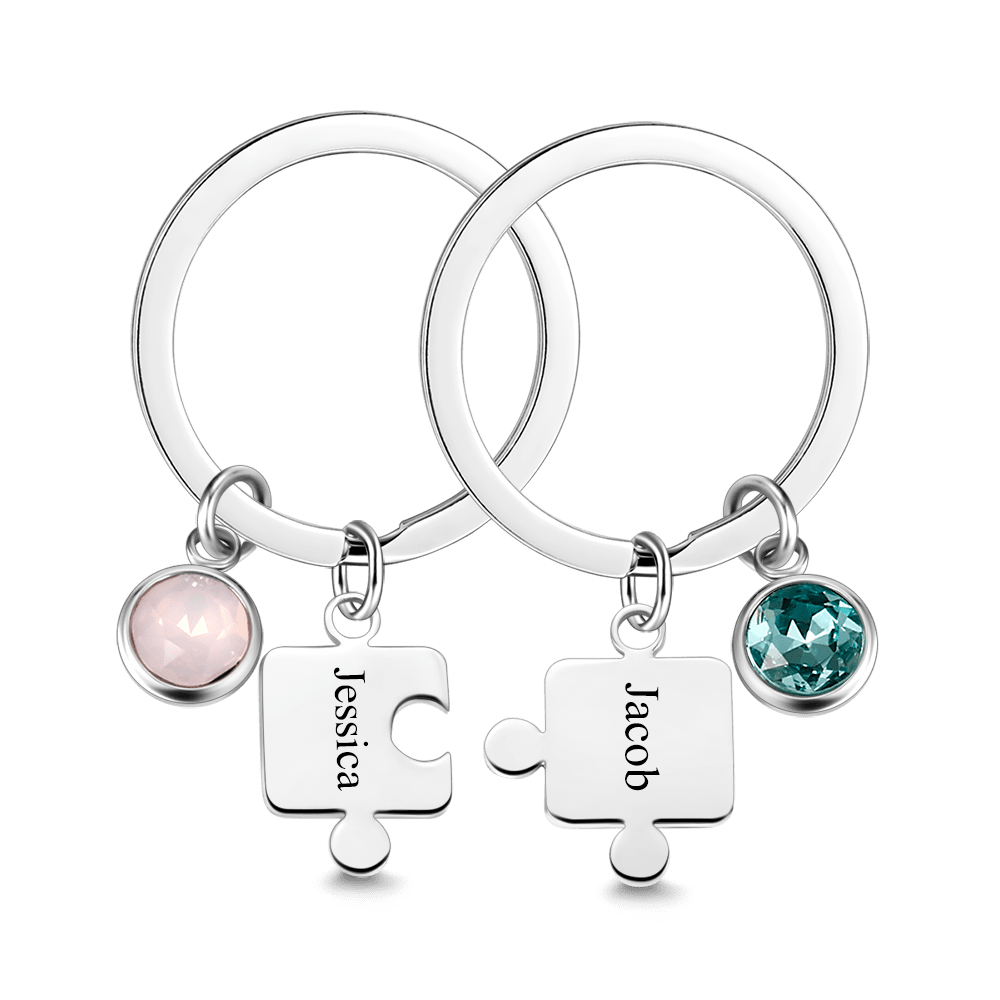 Engraved Birthstone Couple's Puzzle Key Chain Set