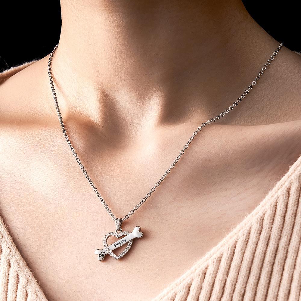 Personalized Bone Necklace With Text Fashion Heart-Shaped Rhinestone Pendant Gift For Her - soufeelmy