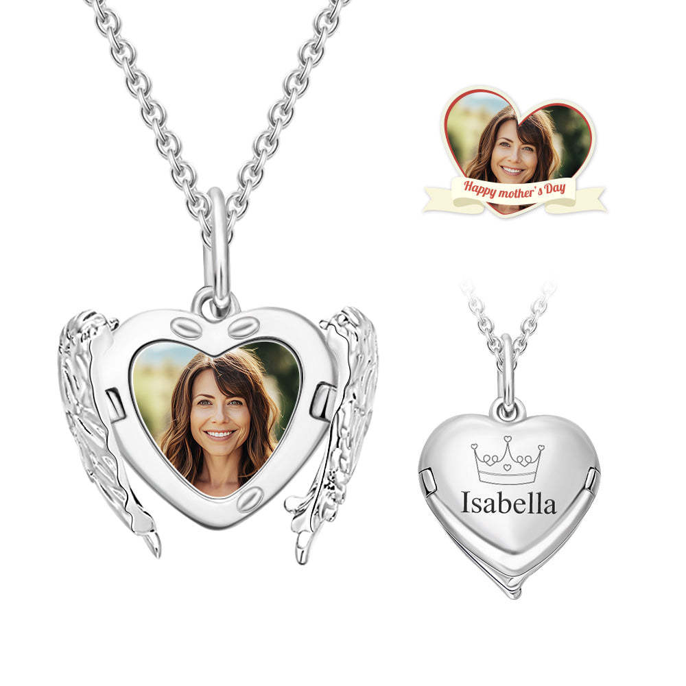 Custom Engraved Locket Necklace Angel Wings Pattern Gift for Her - soufeelmy