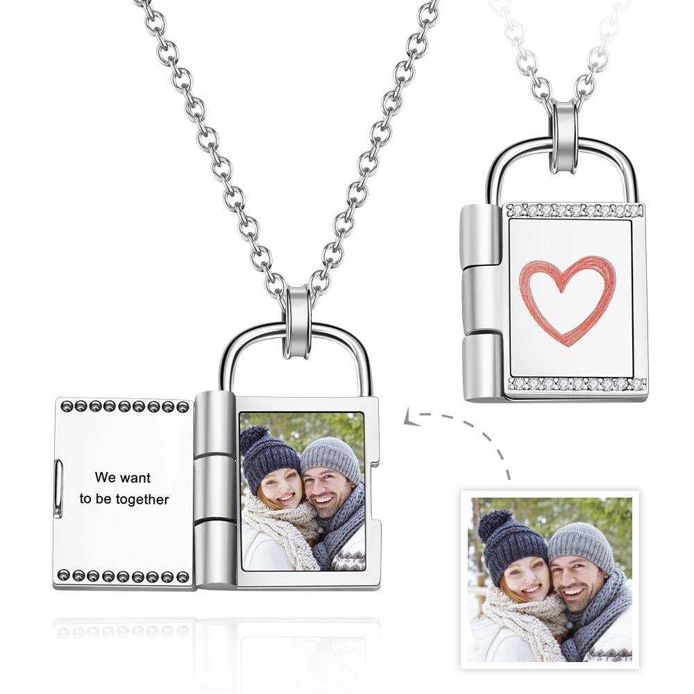 Custom Photo Engraved Print Frame Padlock Necklace Gift to Her -