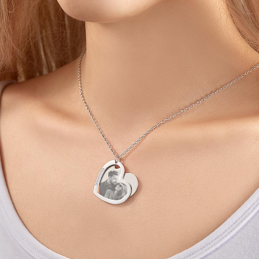 Custom Photo Engraved Necklace Double Layer Heart Shape Gifts - soufeelmy