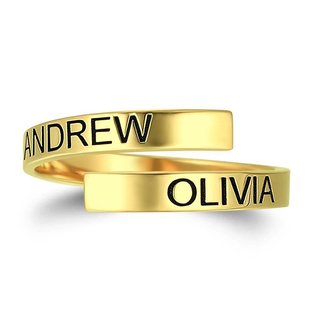 Custom Name Ring, Engraved Two Name Ring 14K Gold Plated - Golden - soufeelus