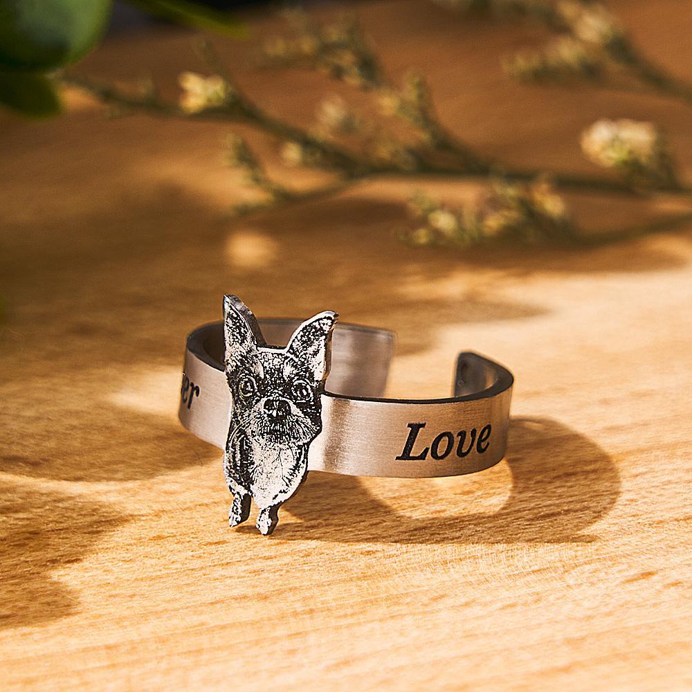 Personalized Pet Photo Ring for Women Men DIY Stainless Steel Engraved Kitten and Puppy Photo Open Ring Gift for Pet Lover - soufeelmy