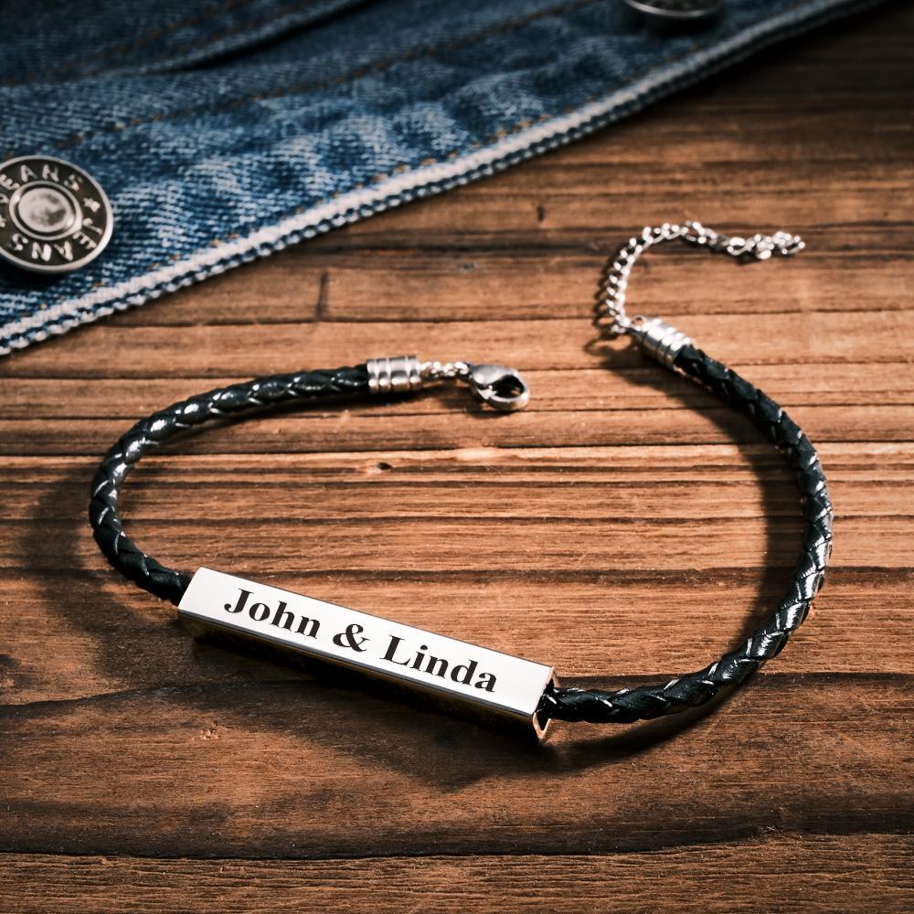 Custom Made Men's Leather Bracelet with Stainless Steel Engraved Bar Personalized ID Bracelet Gift for Him Men Dad Boyfriend Husband - soufeelmy