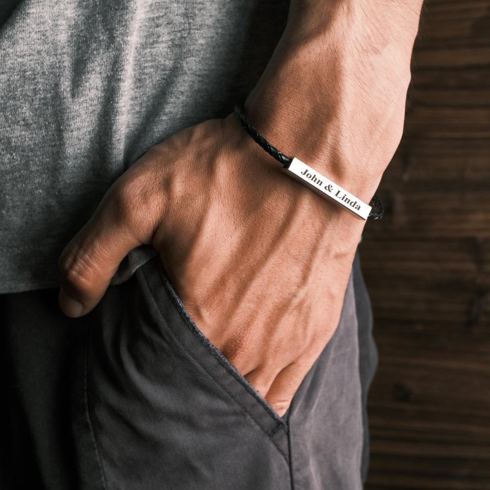 Custom Made Men's Leather Bracelet with Stainless Steel Engraved Bar Personalized ID Bracelet Gift for Him Men Dad Boyfriend Husband - soufeelmy