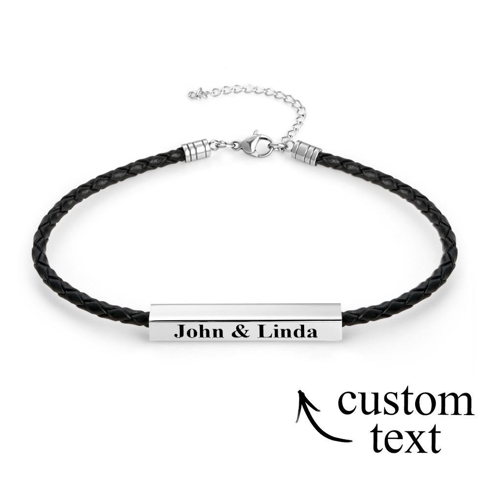 Custom Made Men's Leather Bracelet with Stainless Steel Engraved Bar Personalized ID Bracelet Gift for Him Men Dad Boyfriend Husband - soufeelmy