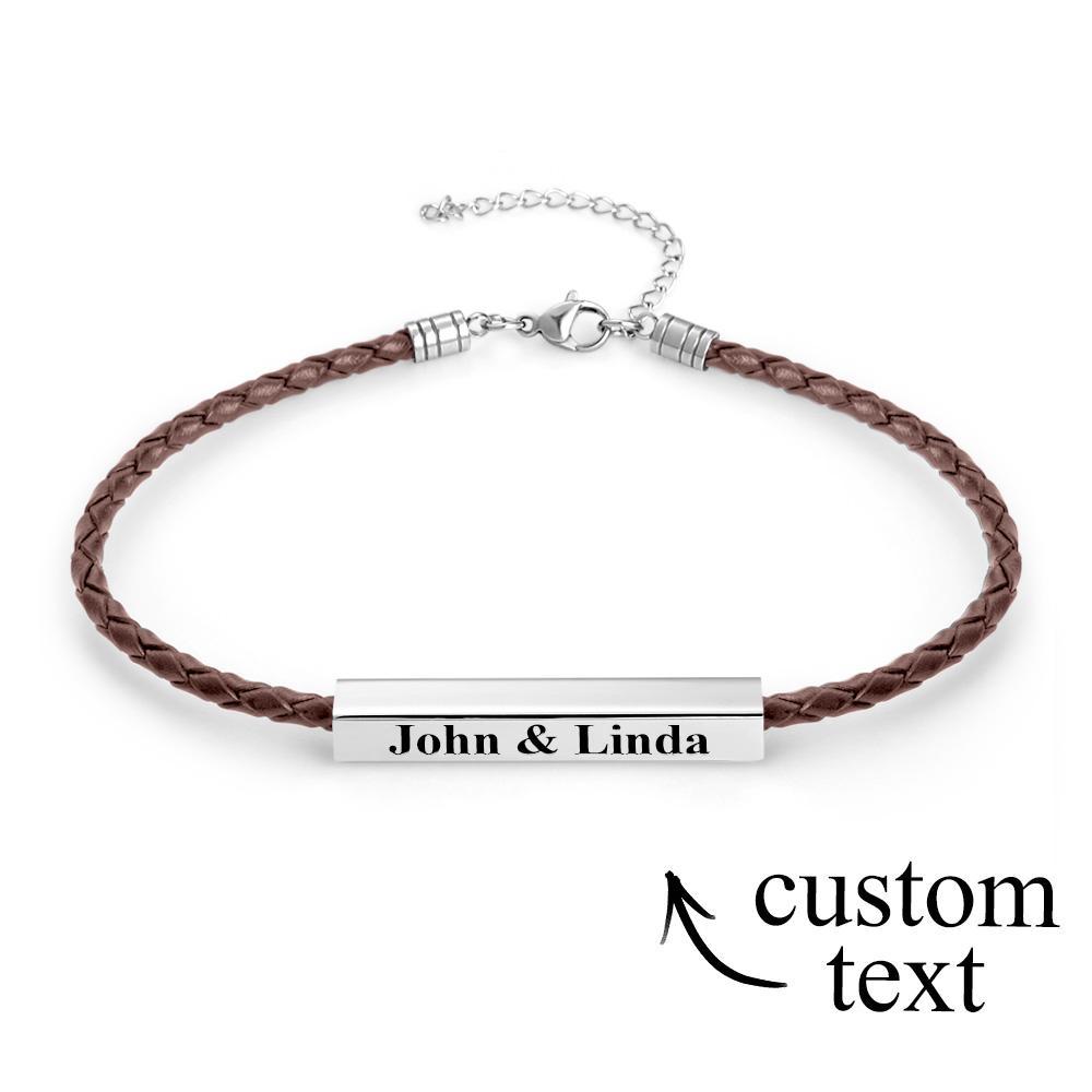 Custom Made Men's Leather Bracelet with Stainless Steel Engraved Bar Personalized ID Bracelet Gift for Him Men Dad Boyfriend Husband - soufeelmy