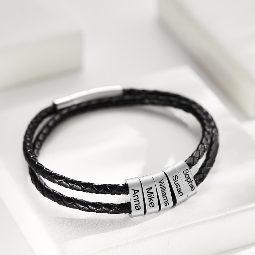 Custom Engraved Bracelet Beads Braided Leather Men's Gifts - soufeelmy