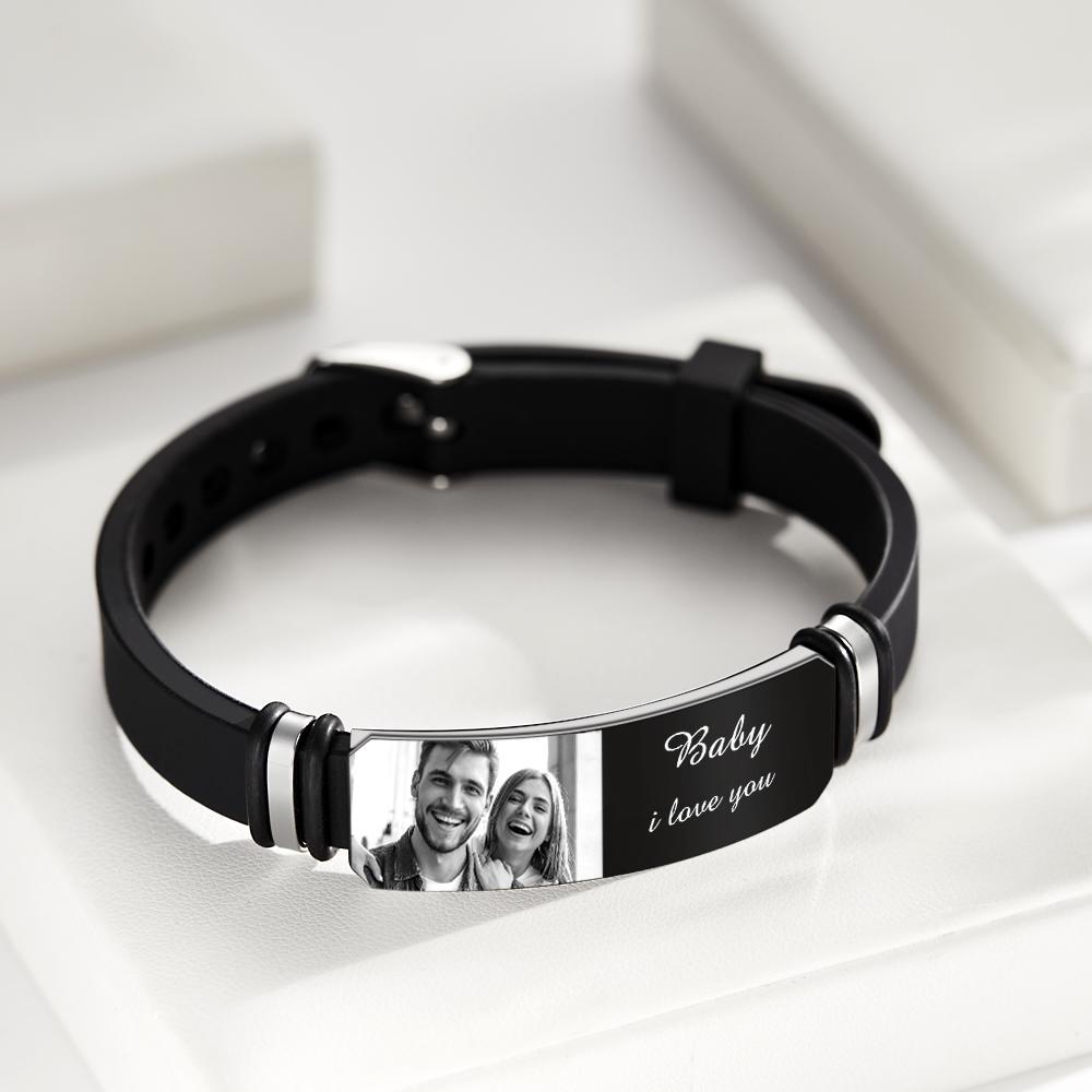 Custom Men's Photo Engraved Bracelet Wedding Gift For Anniversary Newly Married Couple Personalized Bracelet Black Filter And Color Printing Style - soufeelmy