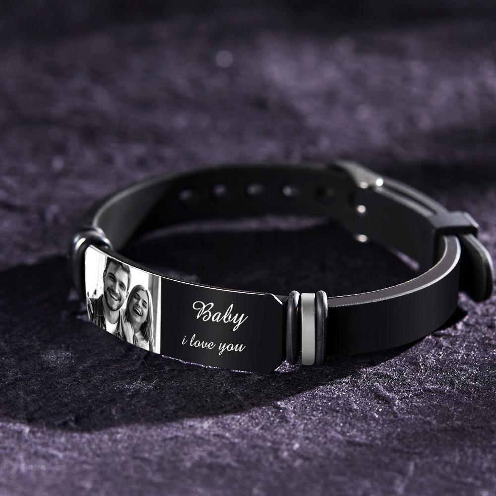 Custom Men's Photo Engraved Bracelet Wedding Gift For Anniversary Newly Married Couple Personalized Bracelet Black Filter And Color Printing Style - soufeelmy