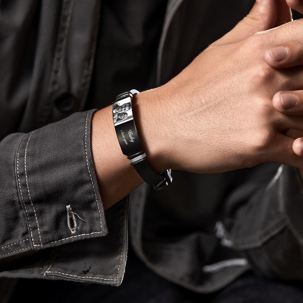 Custom Men's Photo Engraved Bracelet Wedding Gift For Anniversary Newly Married Couple Personalized Bracelet Black Filter And Color Printing Style - soufeelmy