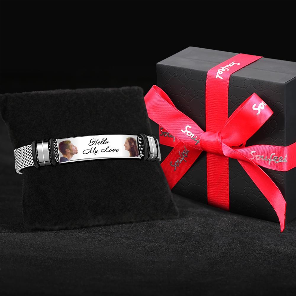 Custom Mens Bracelet With Double Photo And Engraved Words Best Gifts For Your Beloved One - soufeelmy