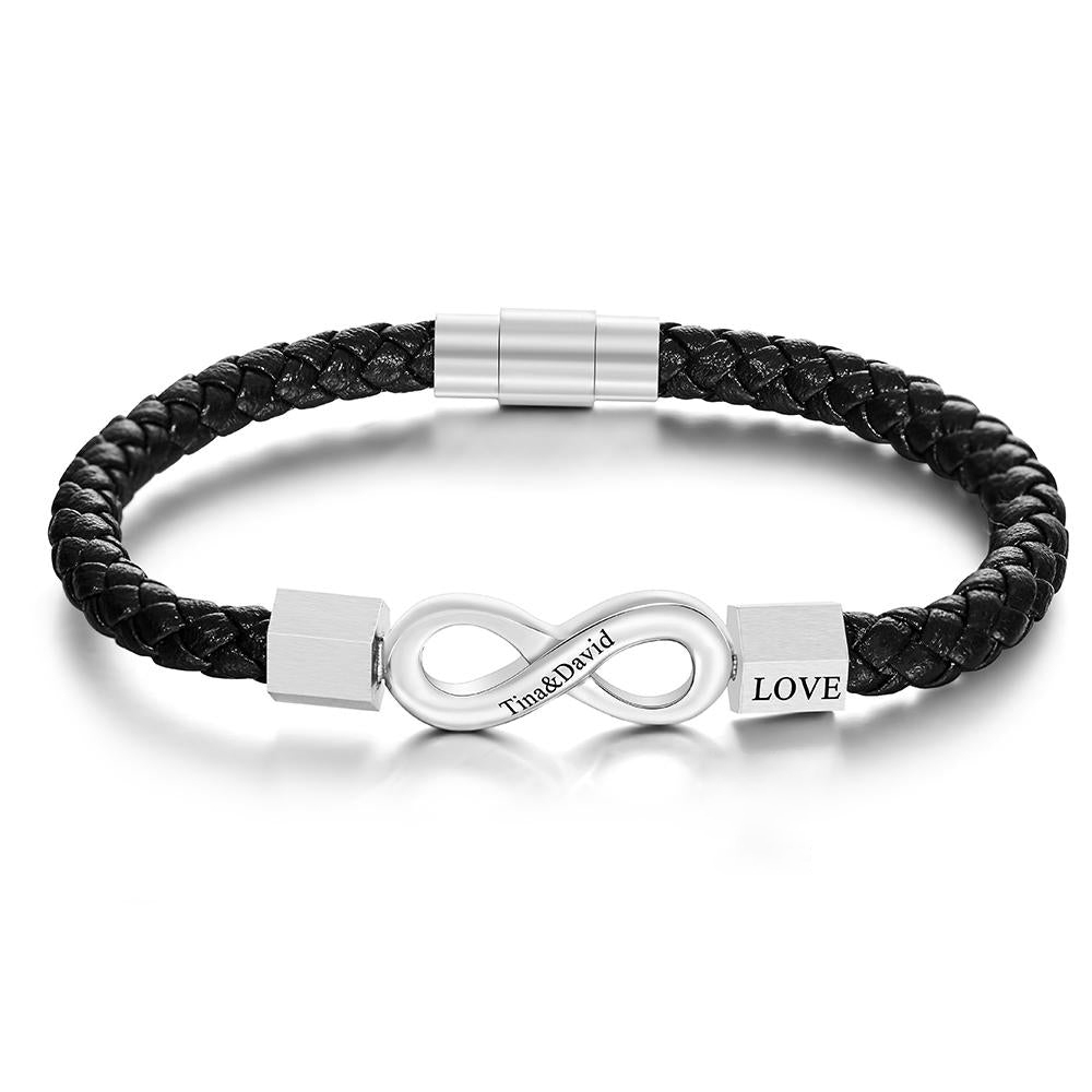 Custom Engraved Bracelet Infinity Leather Bracelet Gift for Boyfriend