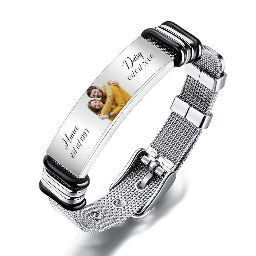 Custom Stainless Steel Mens Bracelet With Two Custom Date And Name Photo Engraved Black Filter Best Gifts For Couples - soufeelmy