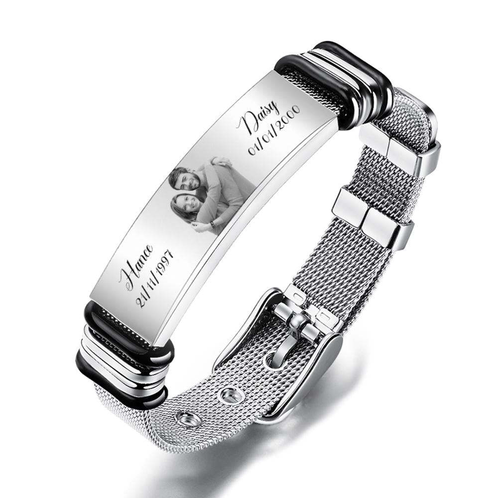 Custom Stainless Steel Mens Bracelet With Two Custom Date And Name Photo Engraved Black Filter Best Gifts For Couples - soufeelmy