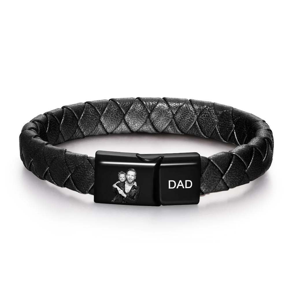 Custom Photo Engraved Bracelet Men's Bracelet Leather Father's Day Gift - soufeelmy
