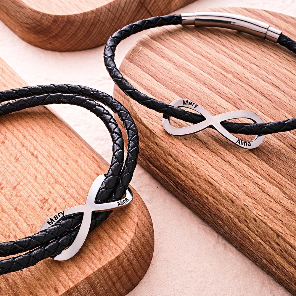 Engraved Infinity Sign Bracelet Set Personalized Leather Bracelet For Couples - soufeelmy