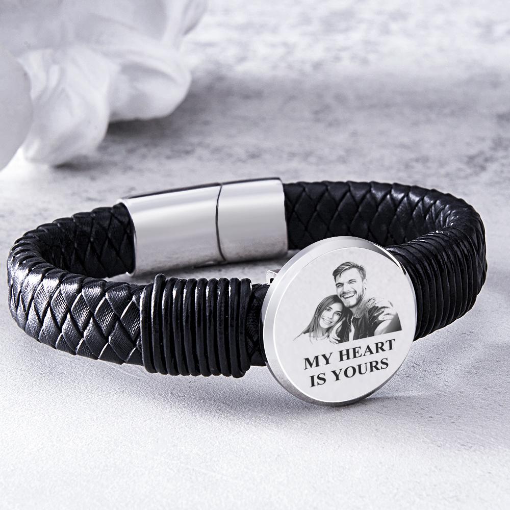 Personalized Photo Leather Wide Bracelet Engraved Unique Bracelet Gifts For Him - soufeelmy