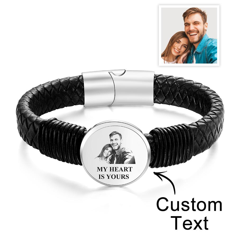 Personalized Photo Leather Wide Bracelet Engraved Unique Bracelet Gifts For Him - soufeelmy