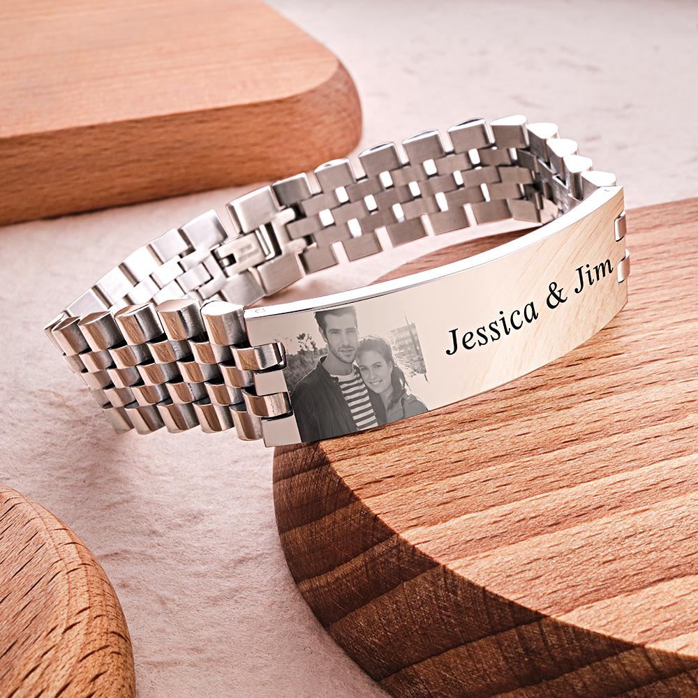 Personalized Photo Wide Bracelet With Text Engraved Vintage Bracelet Gifts For Him - soufeelmy