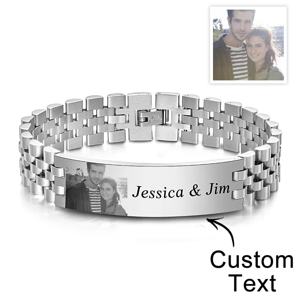 Personalized Photo Wide Bracelet With Text Engraved Vintage Bracelet Gifts For Him - soufeelmy