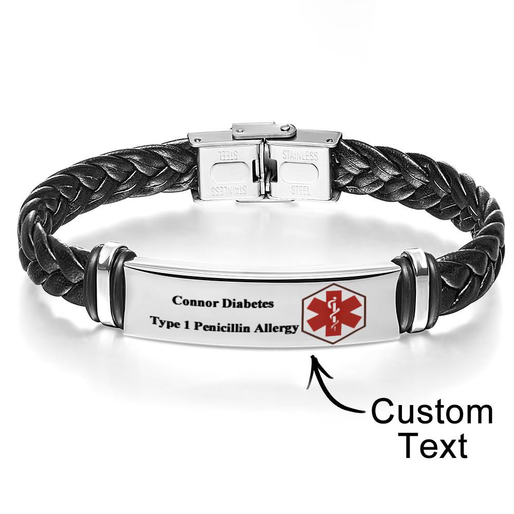 Medical Alert Leather Bracelet | Free Custom Personalized Engraving Jewelry Emergency Contact SOS Medic ID Name Waterproof Unisex - soufeelmy