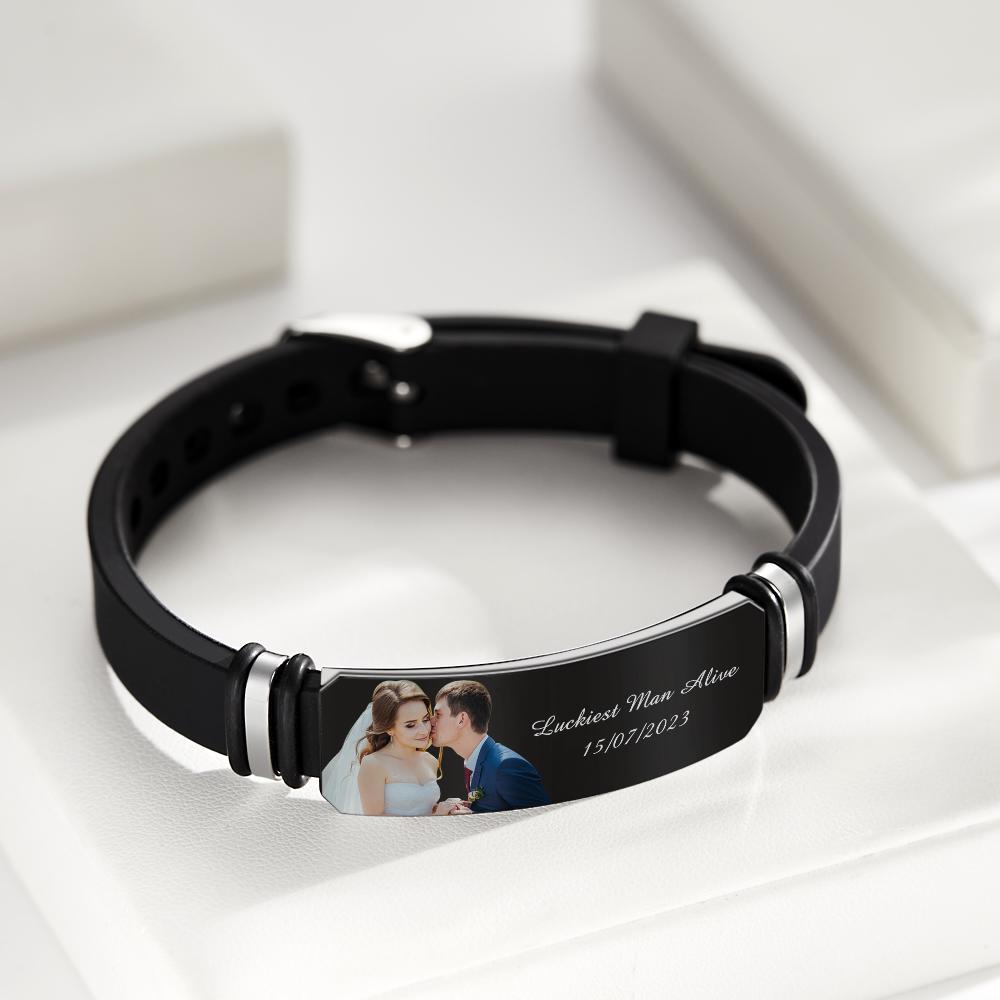 Custom Men's Photo Engraved  Bracelet Wedding Gift For Anniversary Newly Married Couple Personalized Bracelet Black Filter And Color Printing Style - soufeelmy