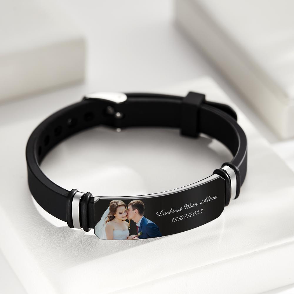 Custom Men's Photo Engraved Bracelet Wedding Gift For Anniversary Newly Married Couple Personalized Bracelet Black Filter And Color Printing Style - soufeelmy