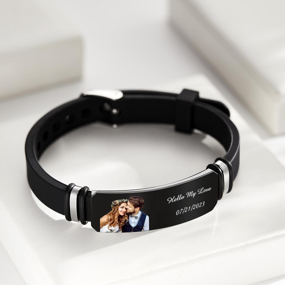 Custom Men's Photo Engraved Bracelet Wedding Gift For Anniversary Newly Married Couple Personalized Bracelet Black Filter And Color Printing Style