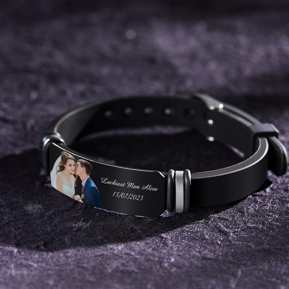 Custom Men's Photo Engraved Bracelet Wedding Gift For Anniversary Newly Married Couple Personalized Bracelet Black Filter And Color Printing Style - soufeelmy