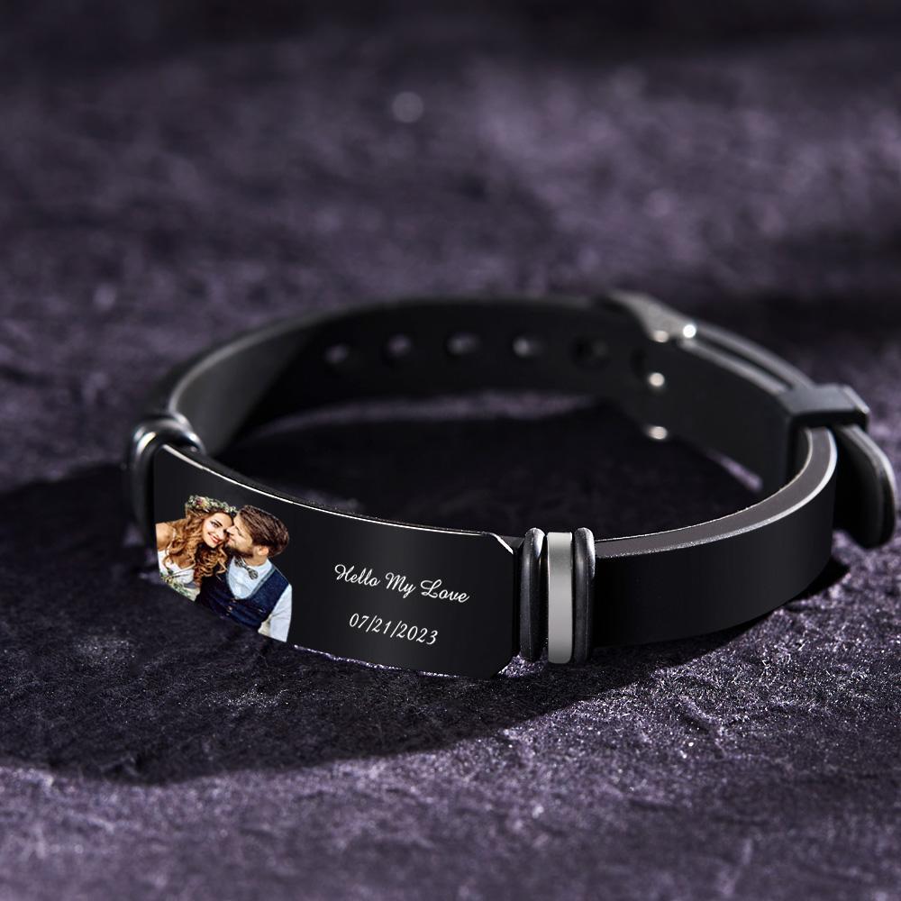 Custom Men's Photo Engraved Bracelet Wedding Gift For Anniversary Newly Married Couple Personalized Bracelet Black Filter And Color Printing Style