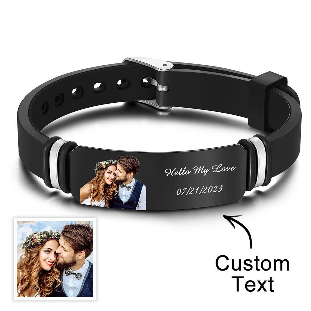 Custom Men's Photo Engraved Bracelet Wedding Gift For Anniversary Newly Married Couple Personalized Bracelet Black Filter And Color Printing Style