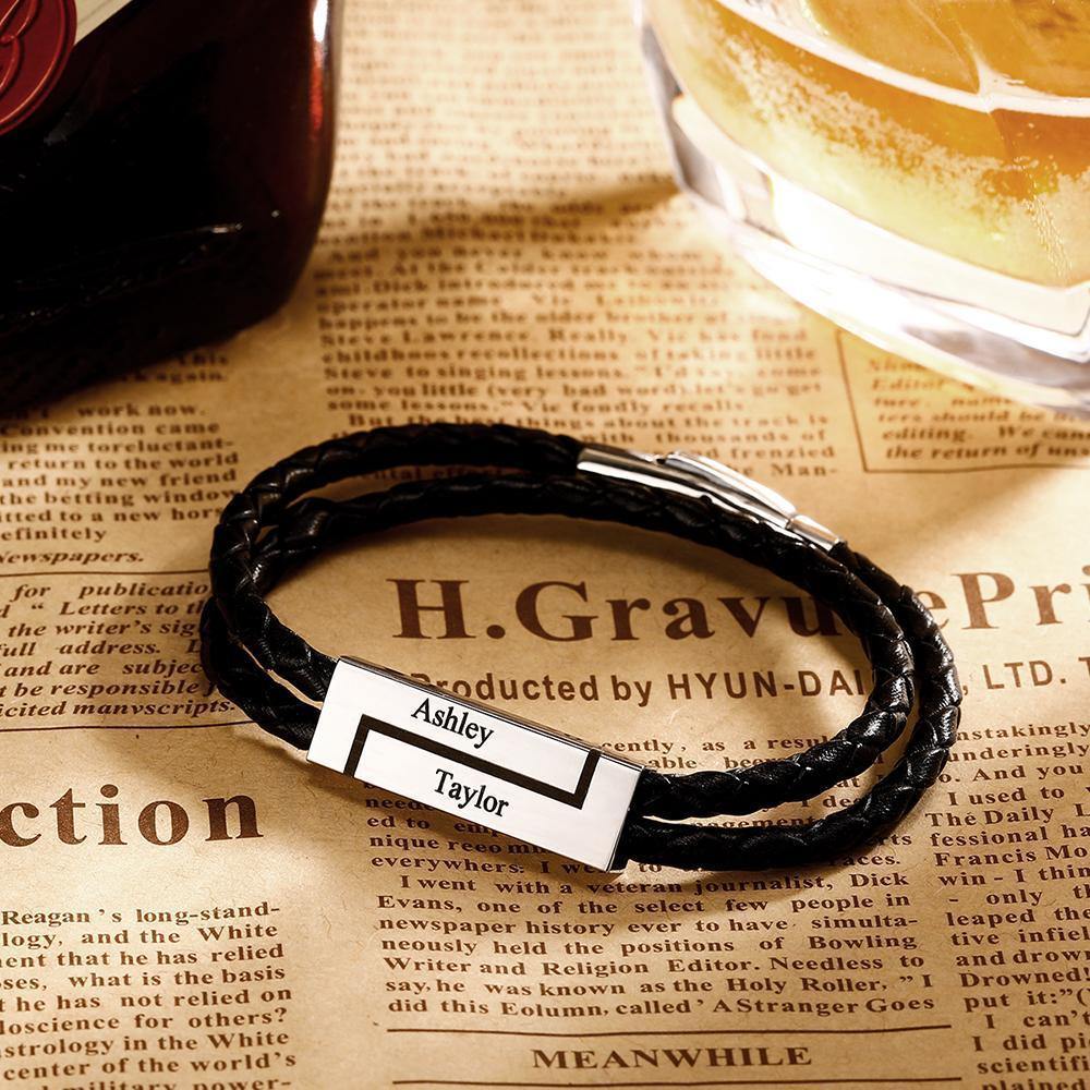 Men's Leather Bracelet Personalised Leather Wrap Bracelet, Engraved Name Bracelet Couple's Gifts - soufeelus