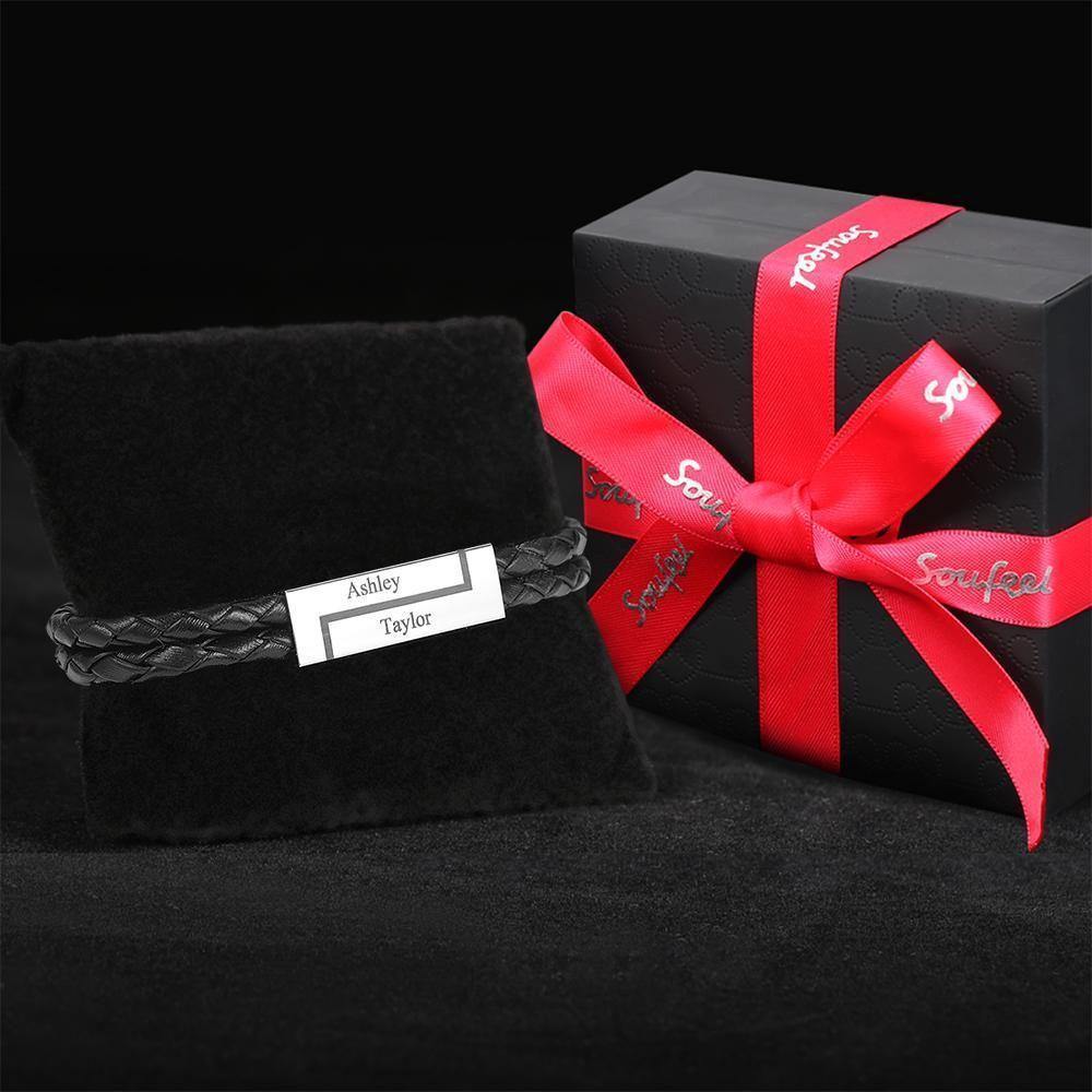 Men's Leather Bracelet Personalised Leather Wrap Bracelet, Engraved Name Bracelet Couple's Gifts - soufeelus