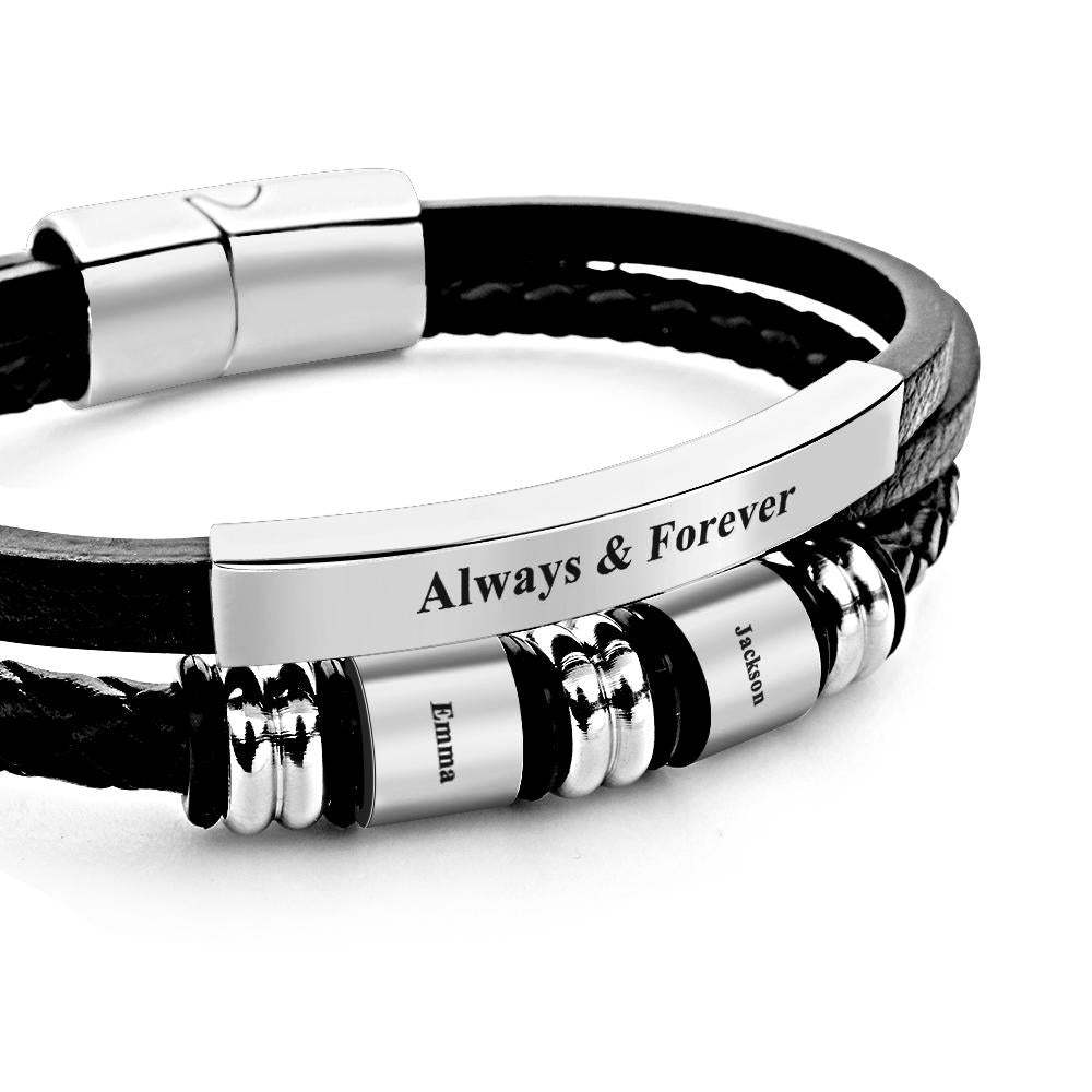 Personalized Mens Braid Leather Bracelets with 2 Engraved Names Beads Custom Mens Name Bracelet - soufeelmy