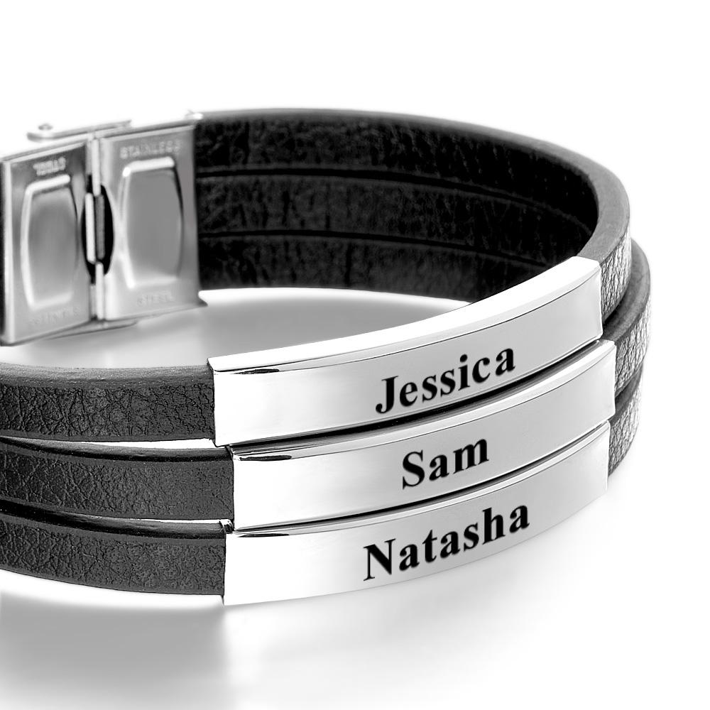 Personalized Father's Day Gift Custom 3 Names Bracelet Stainless Steel Leather Men Bracelet - soufeelmy
