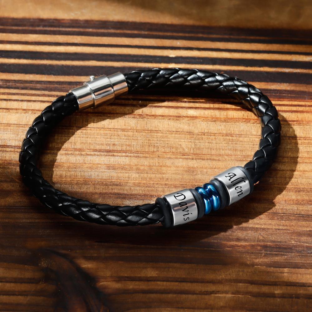 Men's Leather Bracelet Engraved Bracelet Name Bracelet Gift for Boyfriend 1-6 Charms - 