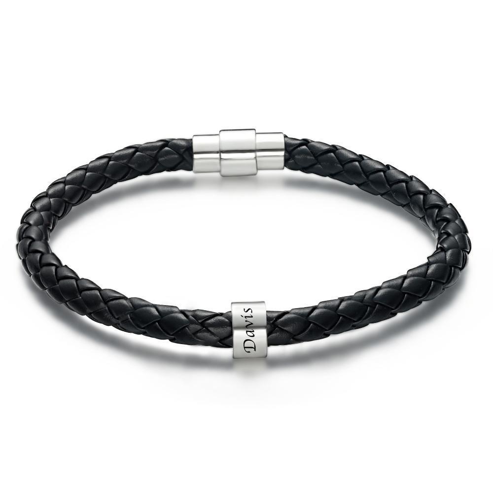 Men's Leather Bracelet Custom Engraved Bracelet Black Leather Beads Bracelet Small Custom Bead for Him 1-6 Charms