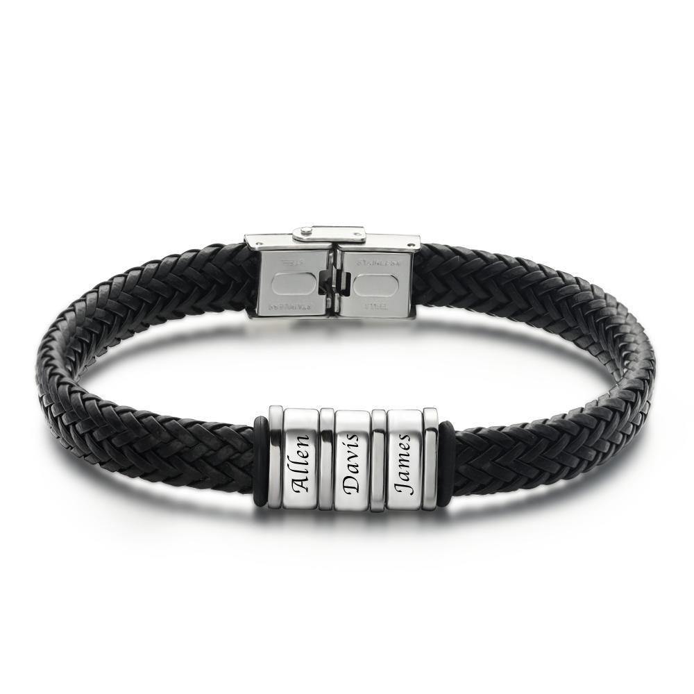 Custom Text Bracelet for Men Custom Gift for Dad Kids Name Bracelet Black Leather 1-6 Charms