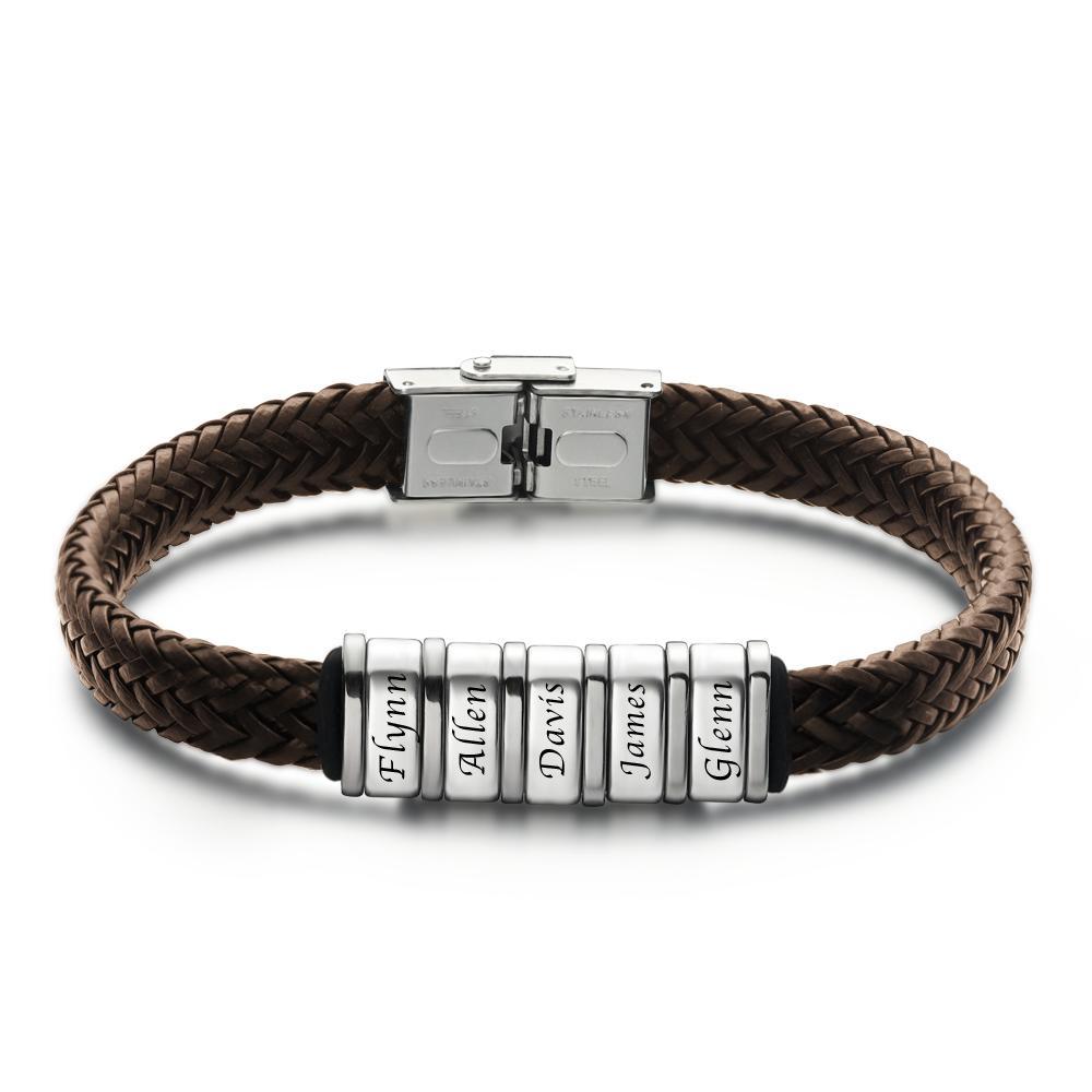 Personalized Bracelet for Men, Custom Gift for Dad Kids Name Bracelet Brown Leather 1-6 Charms - 