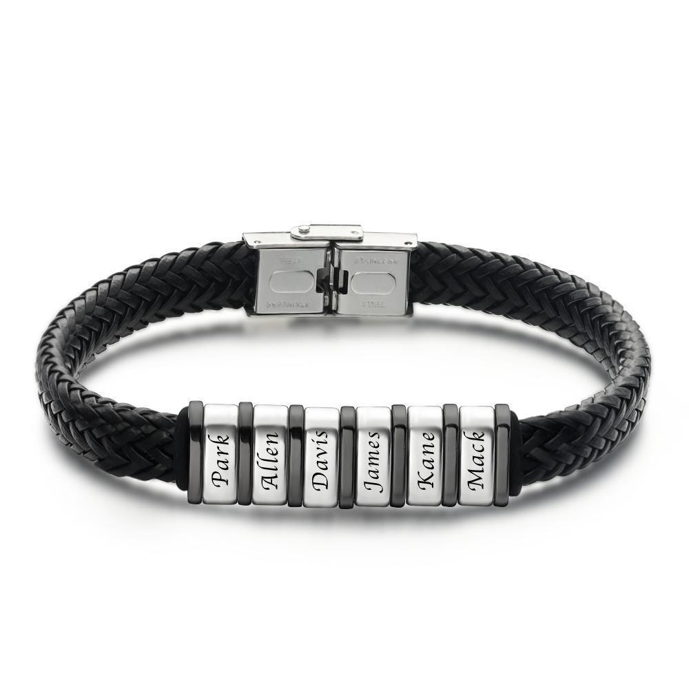 Custom Text Bracelet for Men Custom Gift for Dad Kids Name Bracelet Black Leather 1-6 Charms