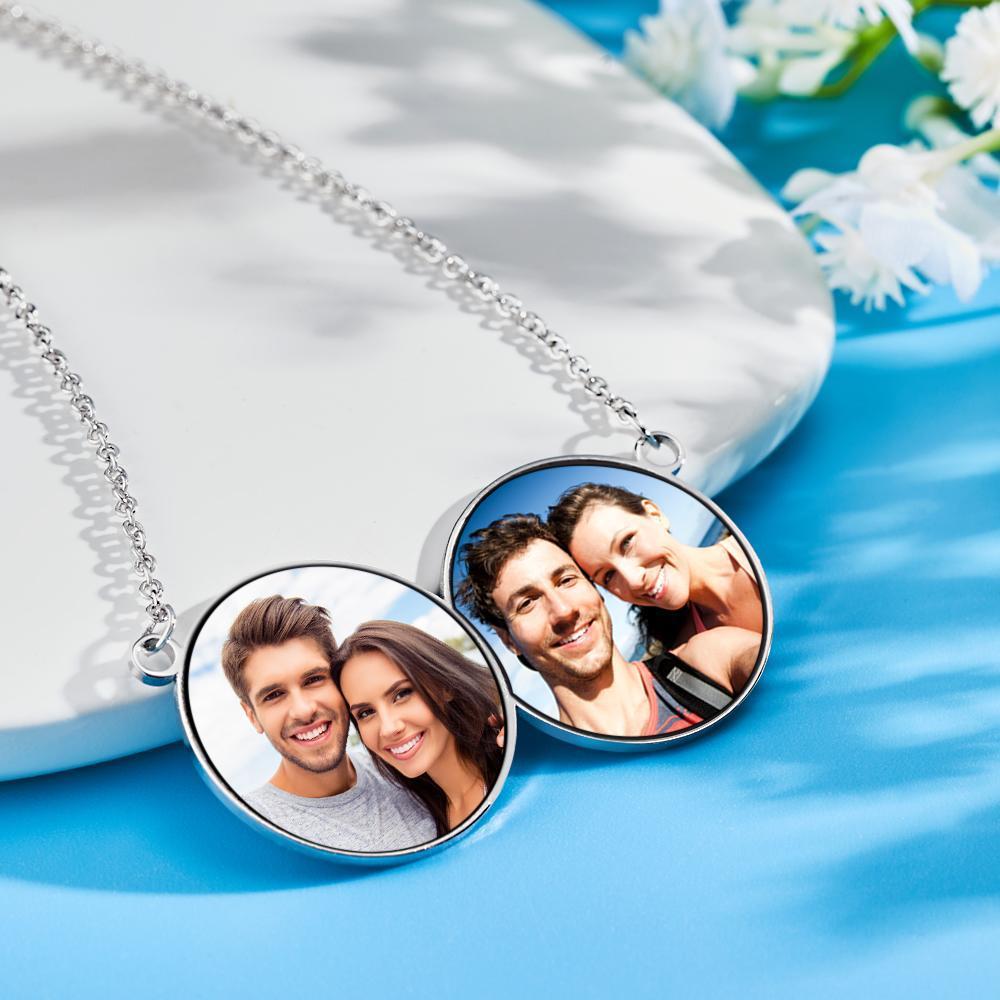 Custom Photo Necklaces Horizontal Double Round Photo Pendant