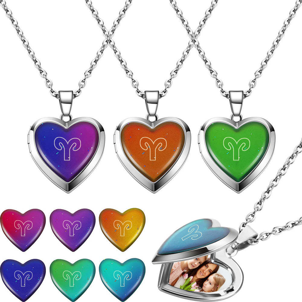 Custom Photo Heart Locket Necklace Twelve Constellations Temperature Sensing Color Changing Pendant Necklace - soufeelmy