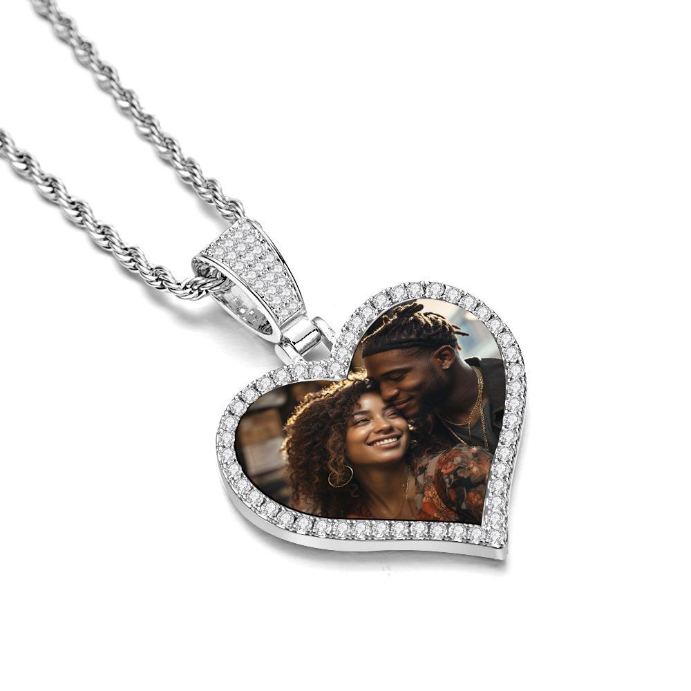 Custom Made Photo Heart Necklace with Hip Hop Pendant Round Necklace Iced out Cubic Zirconia Jewelry Gift for Him or Her - soufeelmy